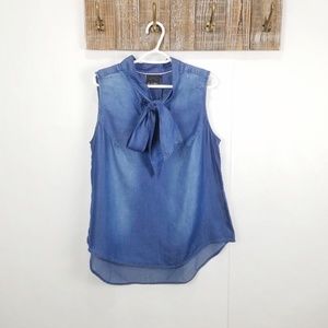 Nanette Lepore Blue Chambray Tie Neck Blouse Top